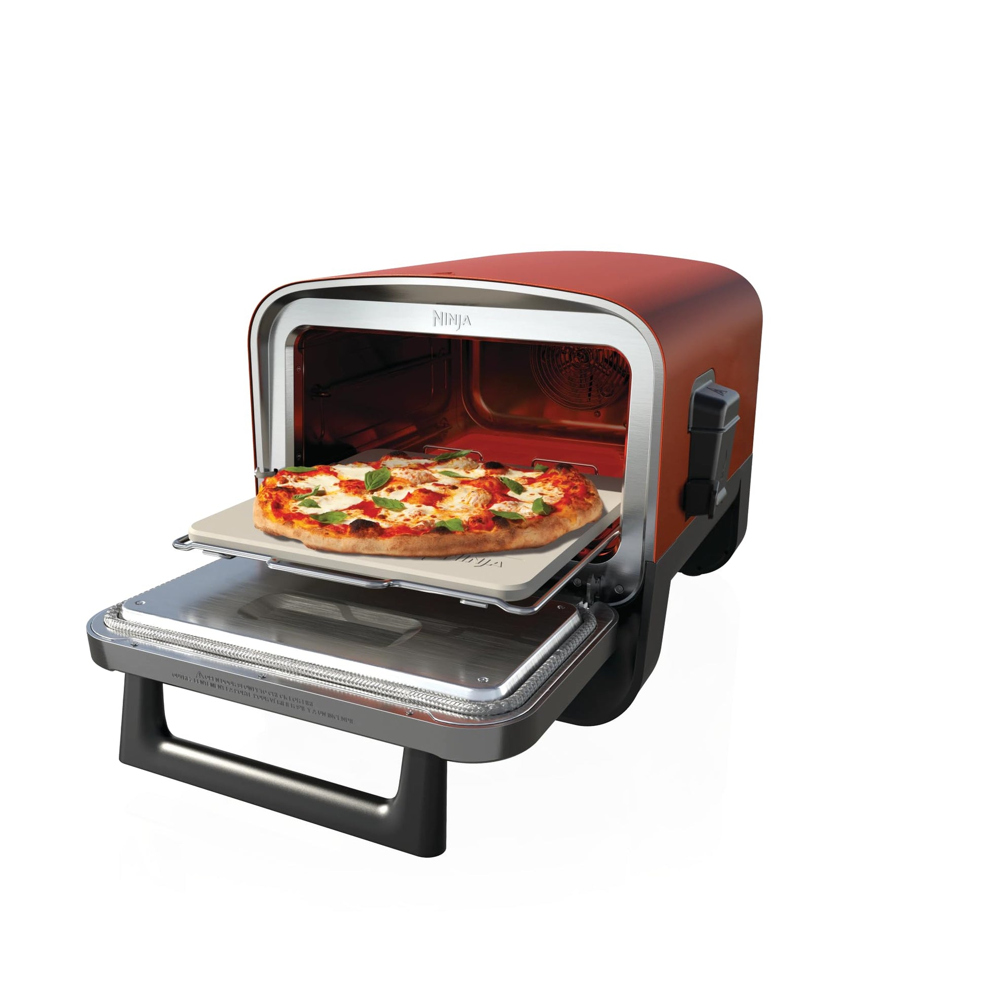 Ninja Woodfire Four à pizza extérieur électrique 8-en-1, rotissoire & fumoir barbecue avec grille, plaque pro-heat, pierre à pizza, granulés de bois et pelle, 6 réglages, orange foncé OO101EU