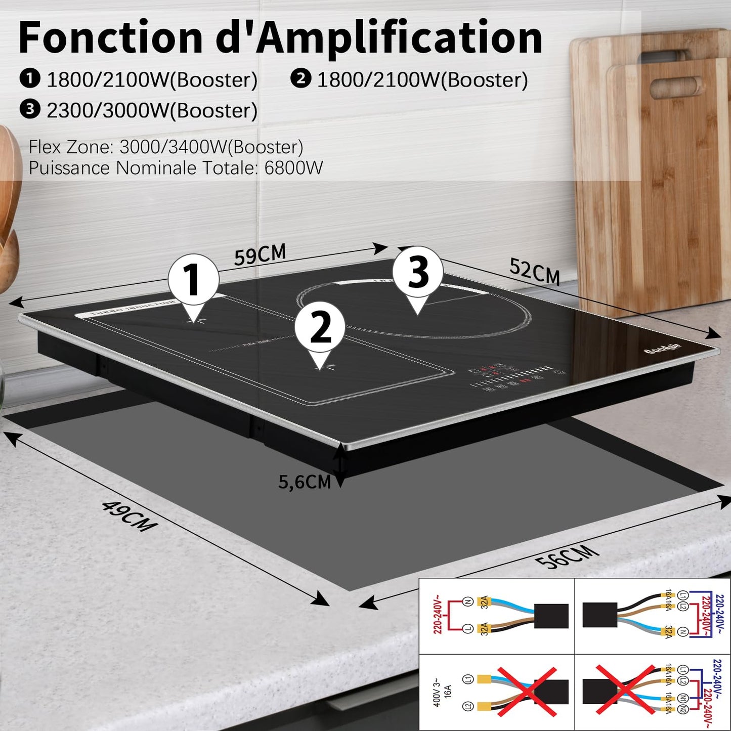 Cooksir Plaque Induction 3 Feux avec Cadre, Table de Cuisson Induction 60cm Encastrable, 6800W, Commande Tactile à Curseur, Bord Inox, Zone Flexibles pour le Grille, Sans Fiche, 240V