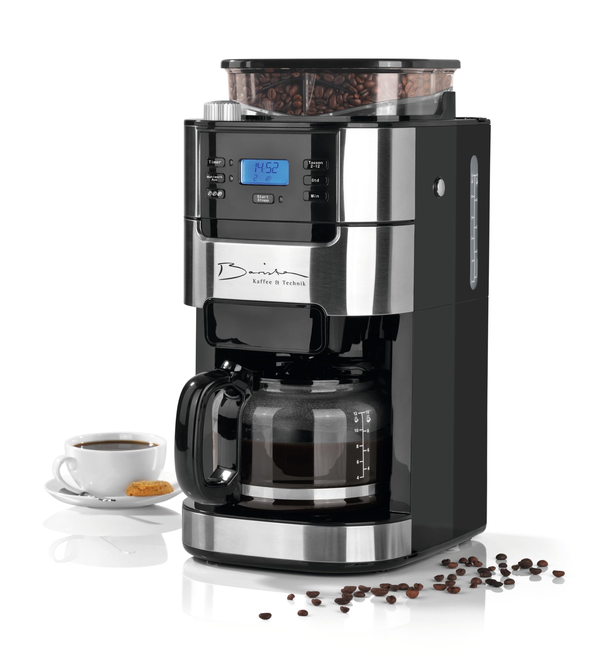 Barista Kaffee & Technik Cafetière Filtre avec verseuse erseuse en verre 1L pur 12 tasses de café, Machine a cafe grain avec broyeur et écran digital, Fonction de minuterie