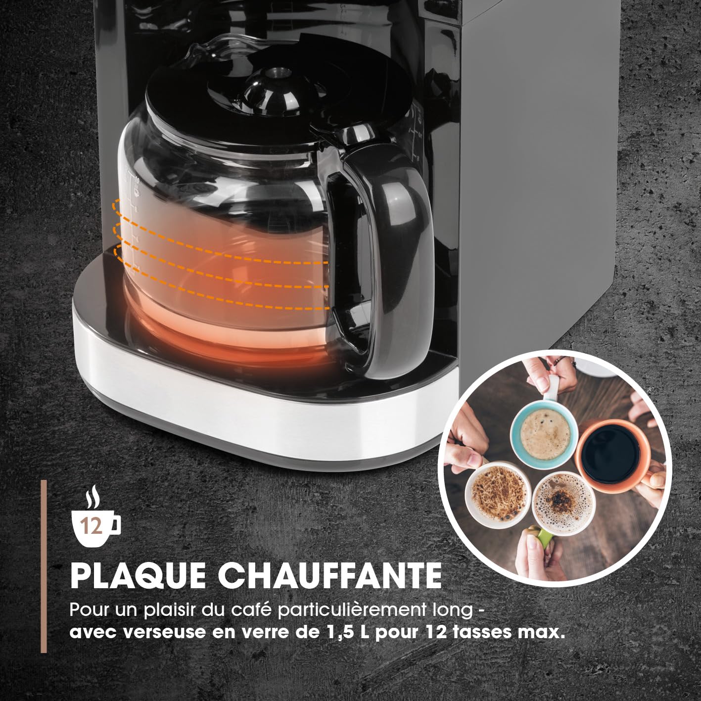 Barista Kaffee & Technik Cafetière Filtre avec verseuse erseuse en verre 1L pur 12 tasses de café, Machine a cafe grain avec broyeur et écran digital, Fonction de minuterie