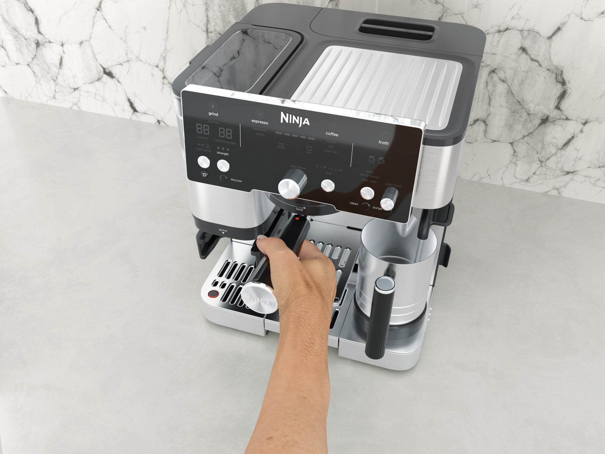 NINJA Machine à café Luxe Essential 2-en-1, Latte, Cappuccino et Espresso avec broyeur à grains et mousseur à lait intégrés, facile à utiliser, 2 préréglages mousse, argent, ES501EU