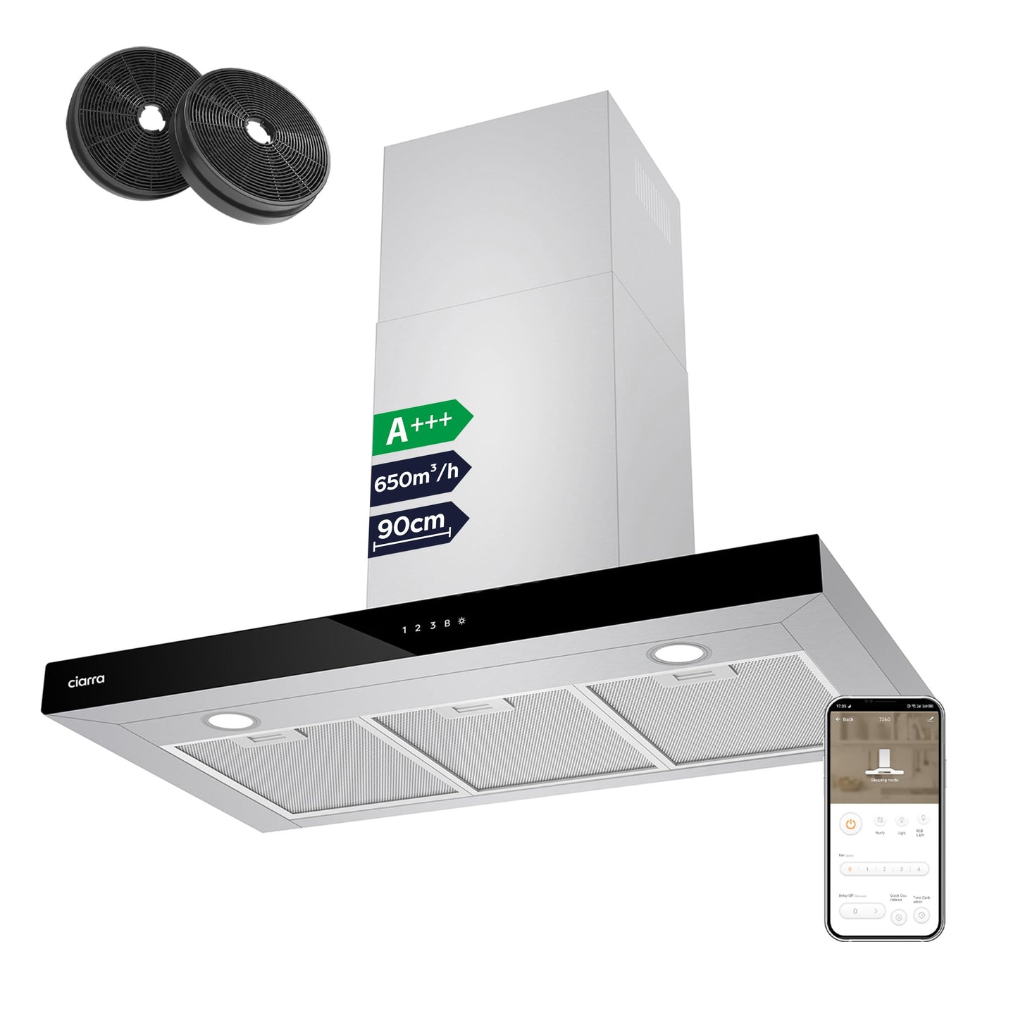 Ciarra Hotte Apisrante 90cm 650 m³/h - Class A+++ - 4 Vitesses - Fonction Boost - Hotte de Cuisine Silencieuse - Commande Tactile - Wi-Fi - LED Dimmable - Inox - CBCS9102