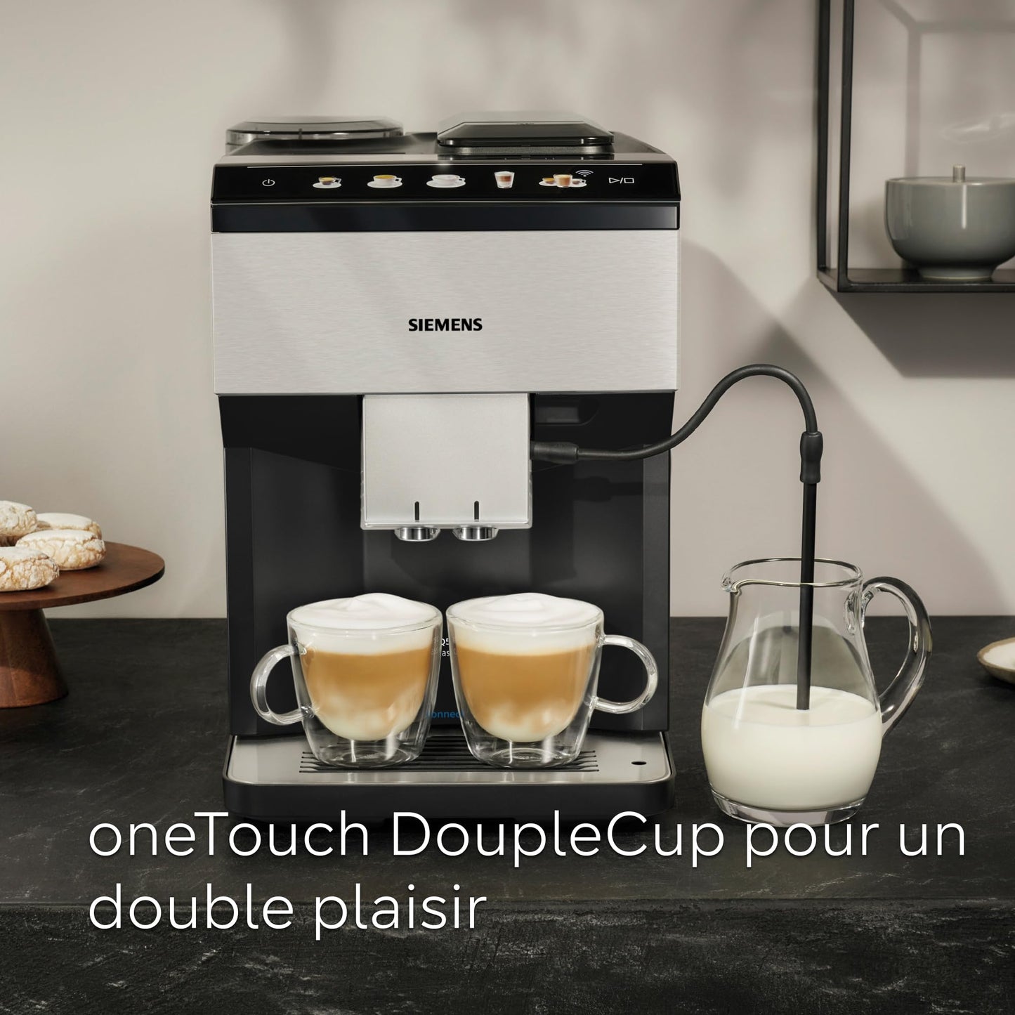 Siemens, machine à café tout automatique, EQ500, Home Connect, aromaDouble Shot, autoMilk Clean, ceramDrive, bandeau avec écran coffeeSelect, oneTouch DoubleCup, Inox/Noir, TP516RX3