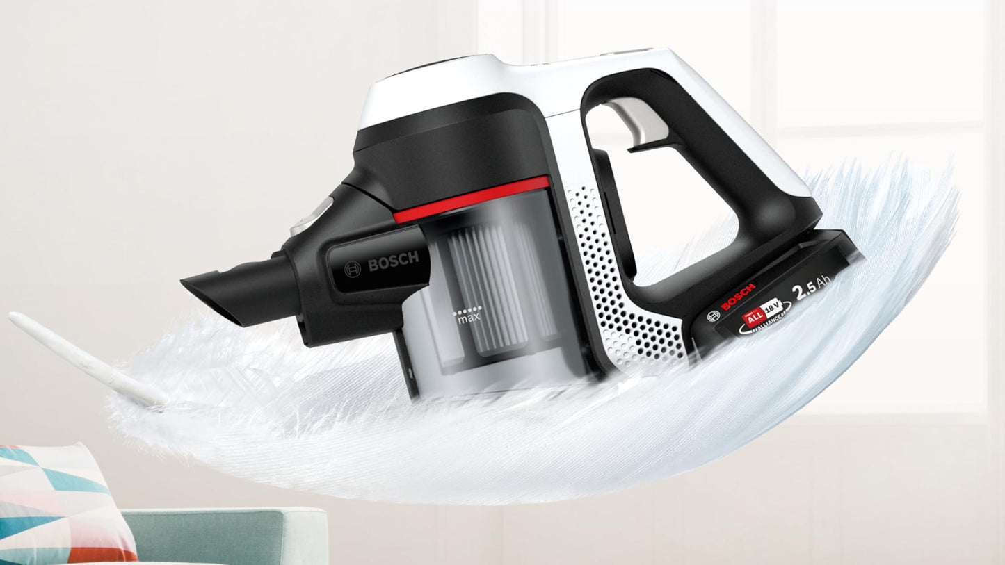Bosch Electroménager Unlimited 6, BCS611AM, aspirateur Balai Rechargeable sans Fil, autonomie de 30 Min, performant sur différents Types de Sol, Accessoires Inclus, Blanc