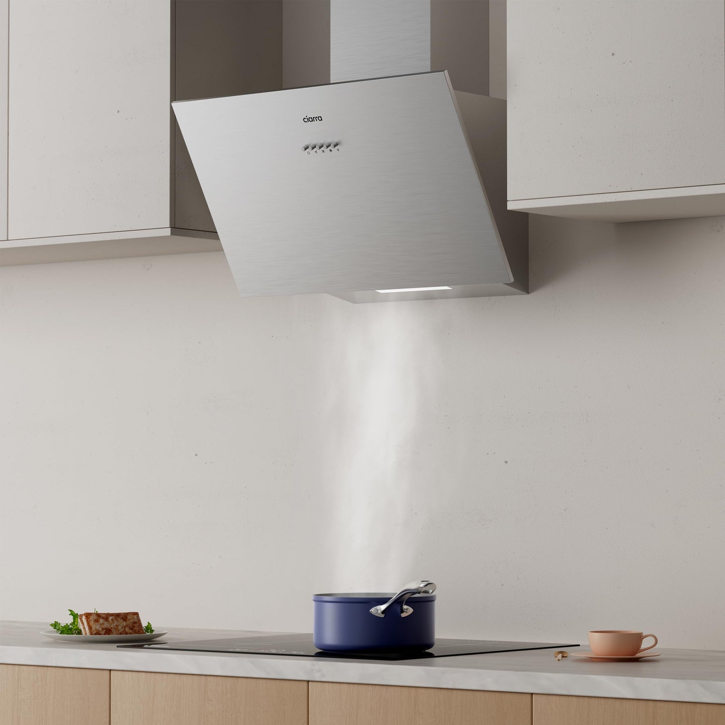 Ciarra Hotte Aspirante Inclinée 60cm - Classe A+++ - 650m³/h - Hotte de Cuisine 3 Vitesses - Filtres à Charbon Inclus - Evacuation ou Recyclage - Inox