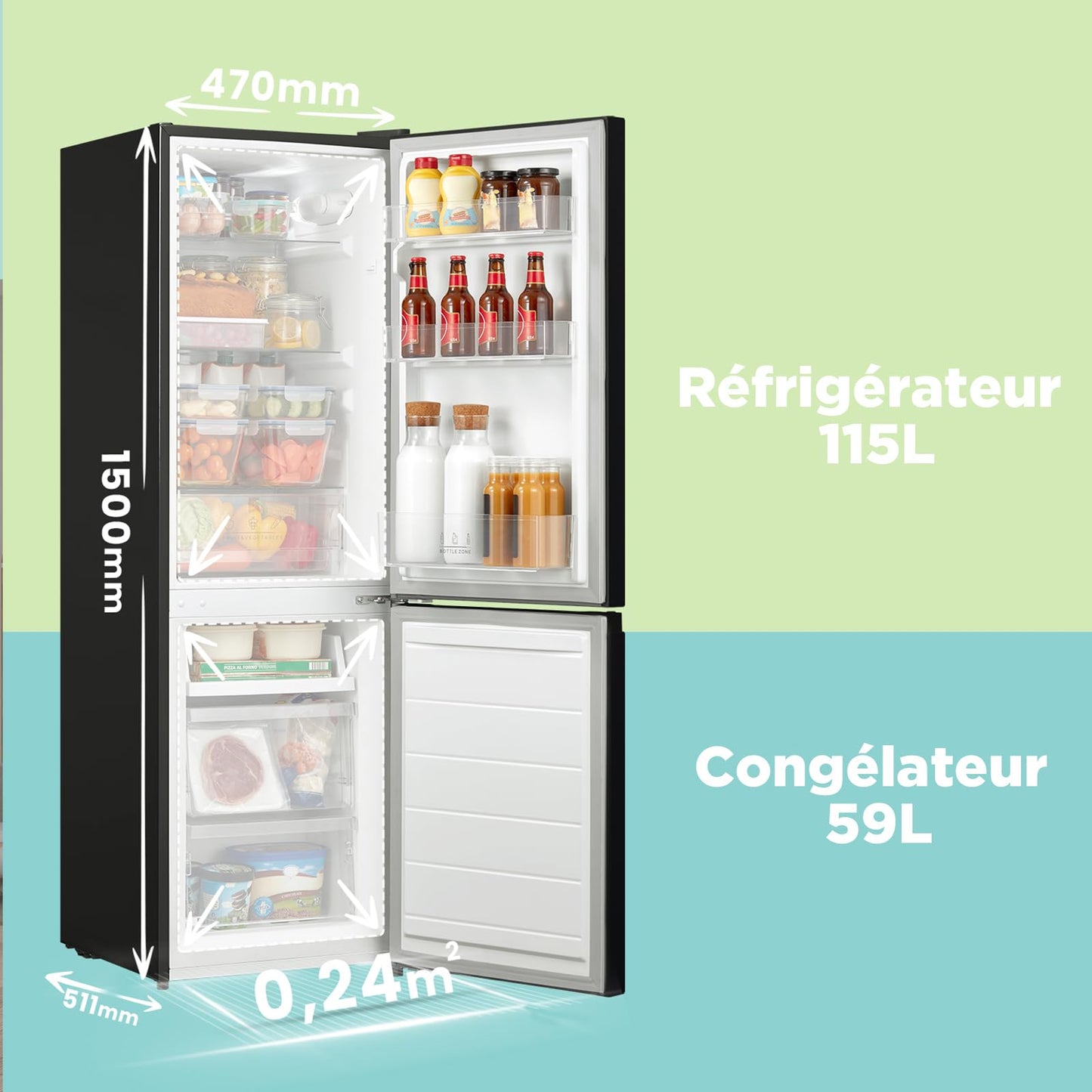 Comfee' RCB169DK2(E) 174L Réfrigérateur avec Congélateur/Hauteur 150 cm/Low Frost/Température Réglable du Réfrigérateur/Lumière LED/195 kWh/an/115L Réfrigérateur/59L Congélateur/Noir
