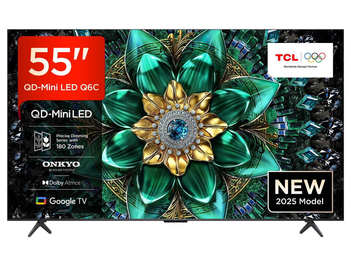 TCL 55Q6C QD-Mini LED TV, 4K HDR Premium 1000nits, Smart TV alimenté par Google (Dolby Vision IQ et Atmos, système Audio Onkyo 2.1, Motion Clarity Pro 144Hz, contrôle Vocal Mains Libres)