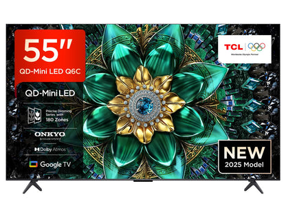 TCL 55Q6C QD-Mini LED TV, 4K HDR Premium 1000nits, Smart TV alimenté par Google (Dolby Vision IQ et Atmos, système Audio Onkyo 2.1, Motion Clarity Pro 144Hz, contrôle Vocal Mains Libres)