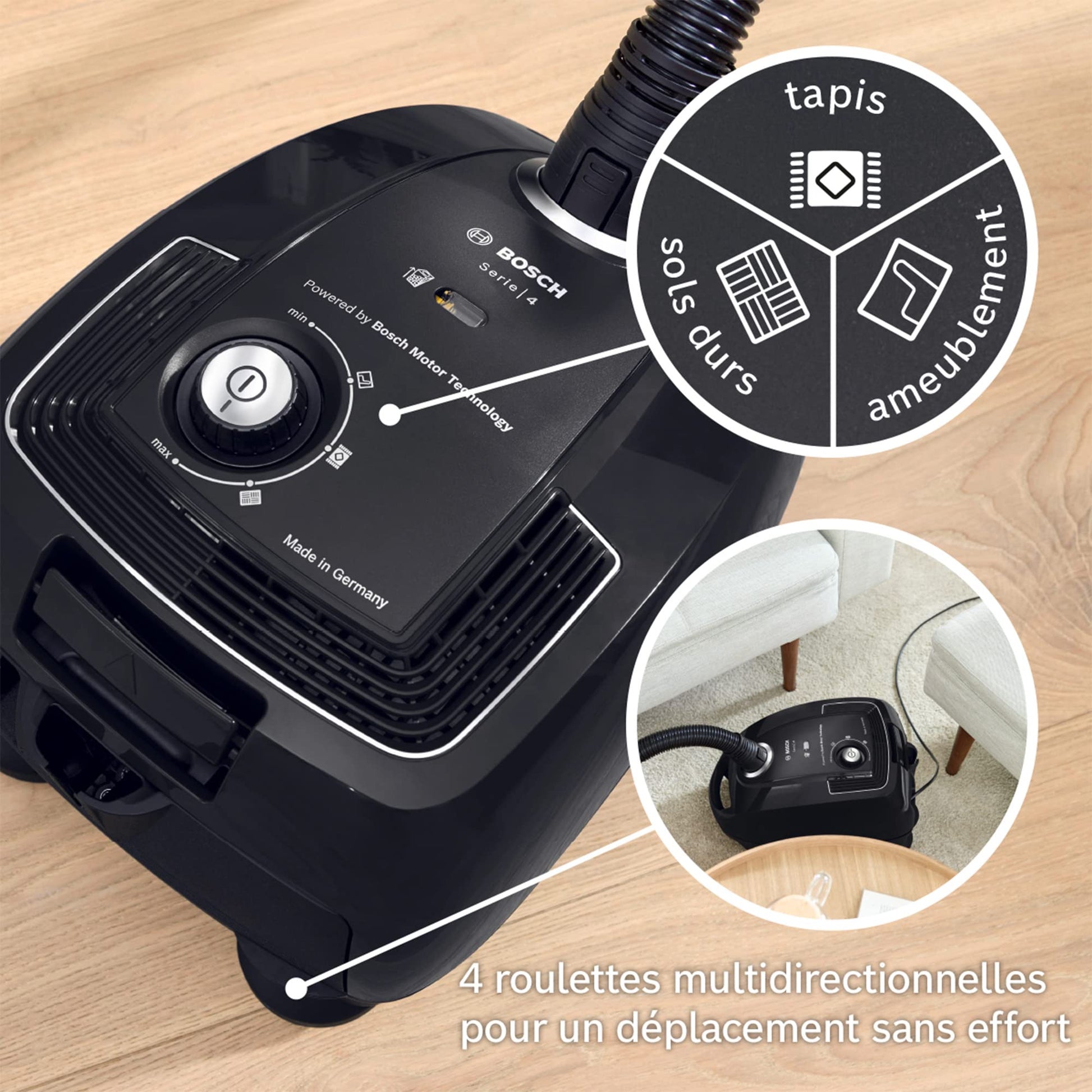 Bosch Electroménager Série 4, BGL38BA2H, aspirateur traîneau avec Sac, Compact et léger, Sac à poussière XL 4L, Filtre hygiénique PureAir Lavable, Rayon d'action 10 m, Noir