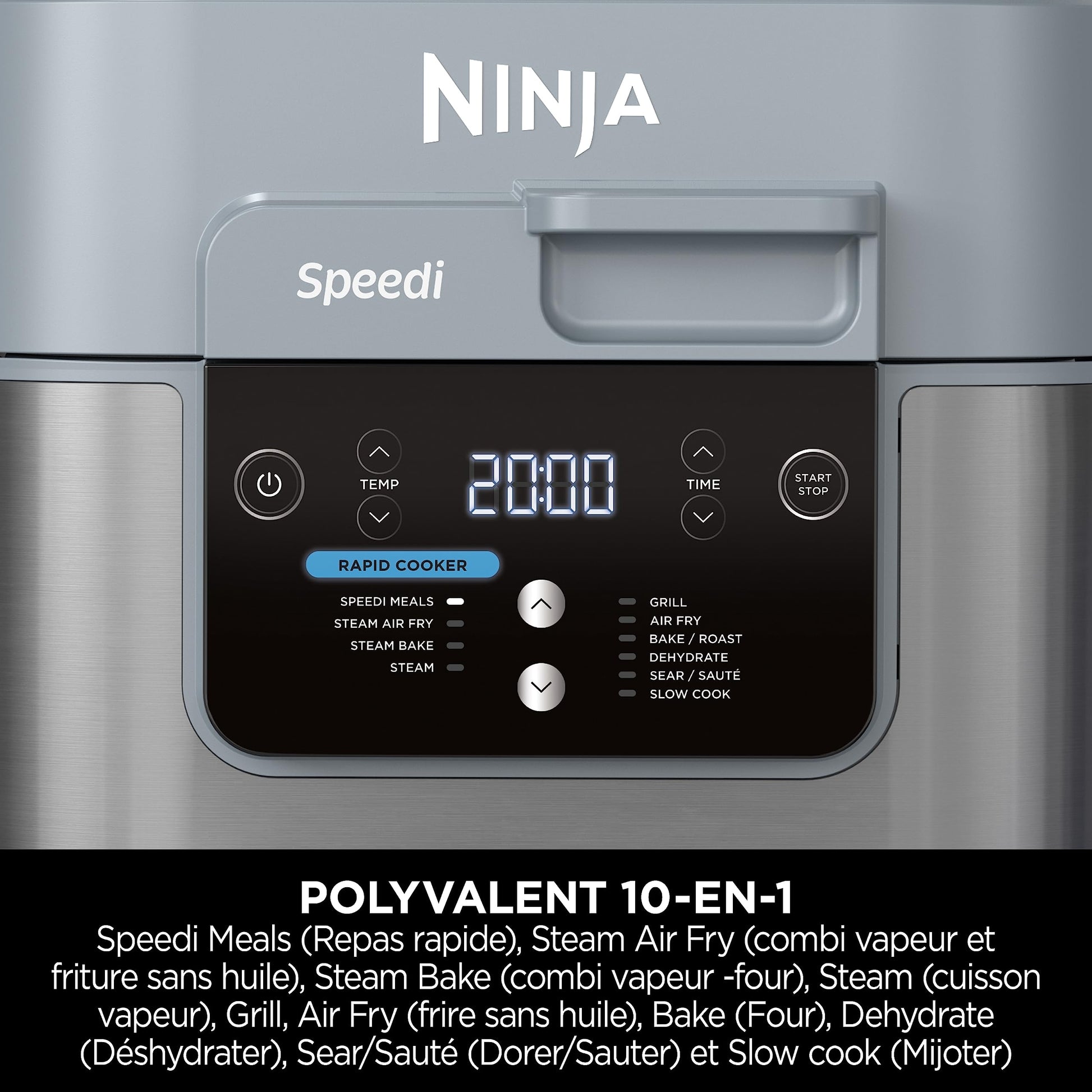 Ninja Speedi 10-en-1 Cuiseur rapide, Air Fryer, Friteuse à air et Multicuiseur, 5.7L, Repas pour 4 en 15 minutes, Vapeur, Gril, Cuire au four, Rôtir, Saisir, Mijoter et plus, Gris Sel de Mer, ON400EU