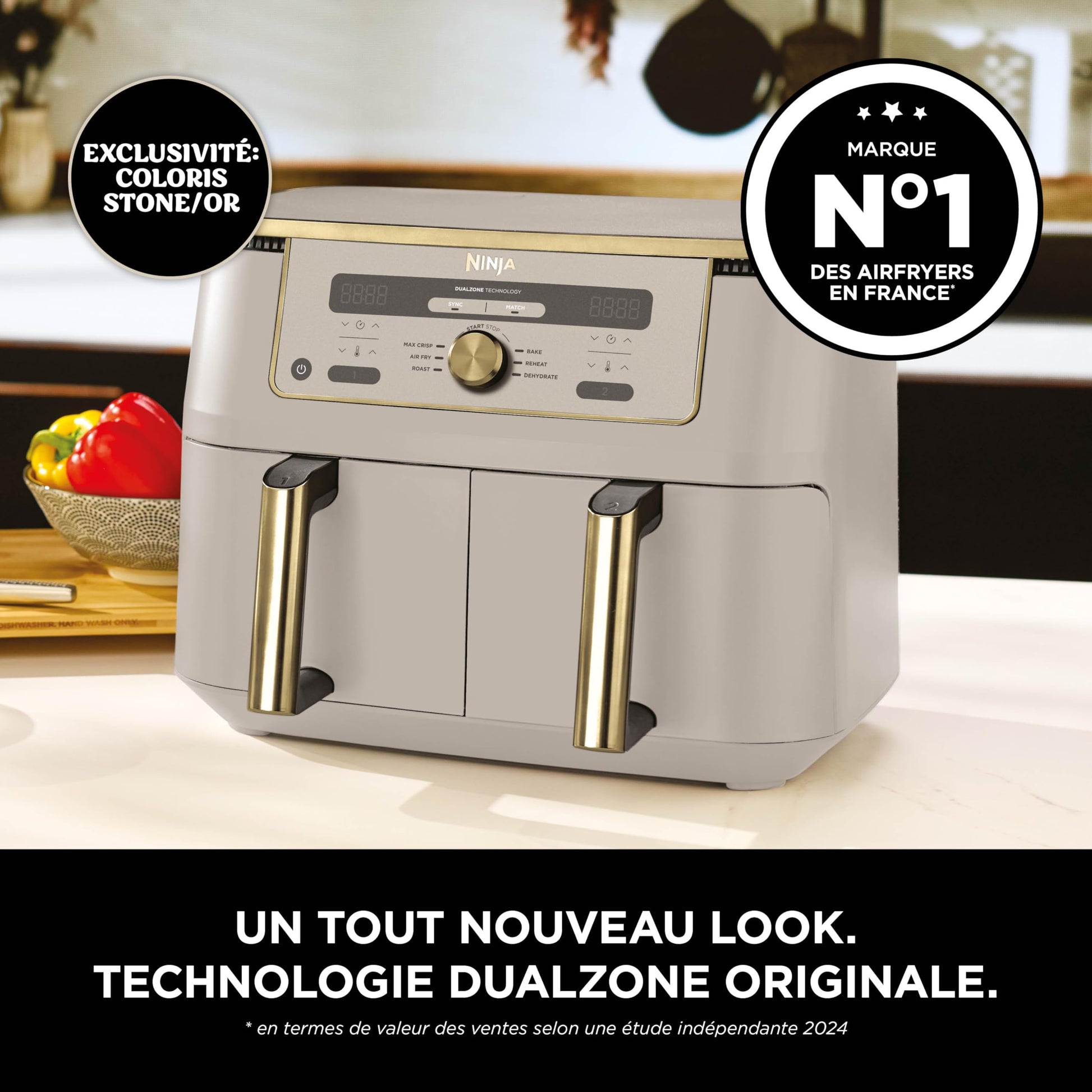 NINJA Dual Zone Max Air Fryer 2 Compartiments, Capacité Familiale de 9,5L, Max 240°C, Air Fryer 6-en1, Pièces Antiadésives Amovibles Lavables Au Lave-Vaisselle, Stone/Or DZ400EUSTGD