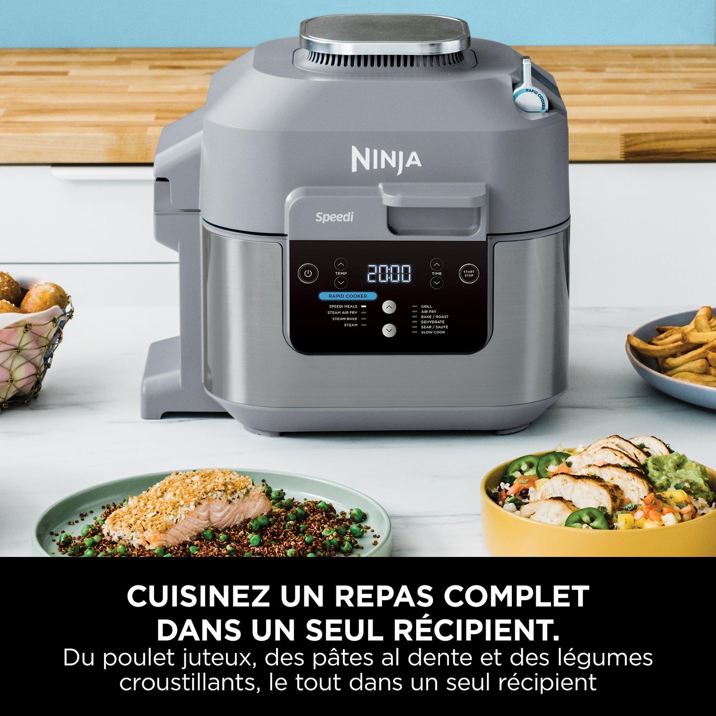 Ninja Speedi 10-en-1 Cuiseur rapide, Air Fryer, Friteuse à air et Multicuiseur, 5.7L, Repas pour 4 en 15 minutes, Vapeur, Gril, Cuire au four, Rôtir, Saisir, Mijoter et plus, Gris Sel de Mer, ON400EU