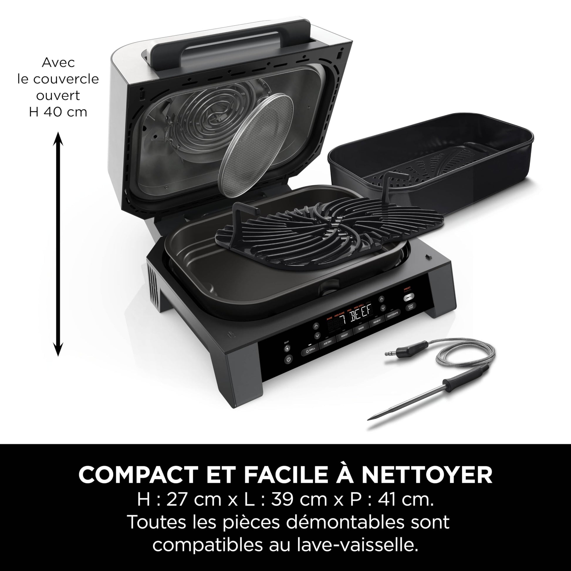 Ninja MAX 6-en-1 Grill d’intérieur et friteuse sans huile, 6 modes, cuit jusqu’à 6 hamburgers, capacité 3,8 l, faible dégagement de fumée, thermomètre à viande numérique inclus, Gris/Argent, DG551EU
