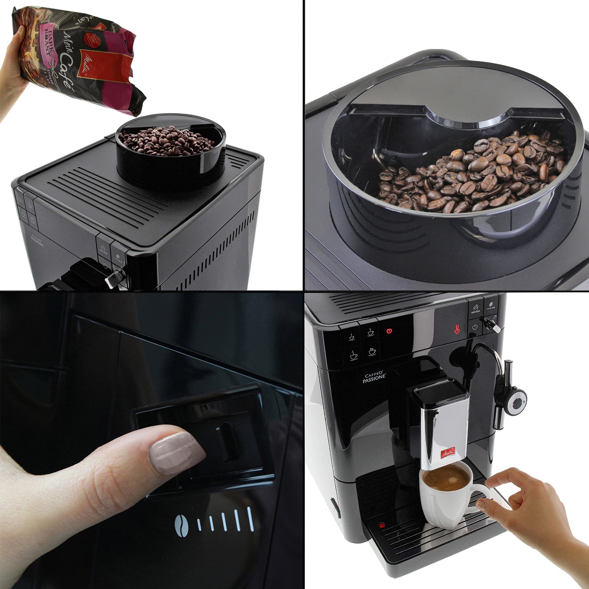 Melitta Passione F530-102 Cafetière automatique avec moulin à café en grains, système de lait, nettoyage automatique, personnalisable, 15 bars, noir (reconditionné)
