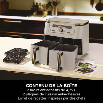 NINJA Dual Zone Max Air Fryer 2 Compartiments, Capacité Familiale de 9,5L, Max 240°C, Air Fryer 6-en1, Pièces Antiadésives Amovibles Lavables Au Lave-Vaisselle, Stone/Or DZ400EUSTGD