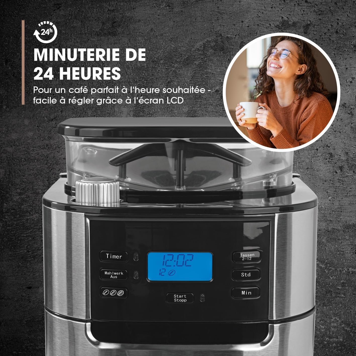 Barista Kaffee & Technik Cafetière Filtre avec verseuse erseuse en verre 1L pur 12 tasses de café, Machine a cafe grain avec broyeur et écran digital, Fonction de minuterie