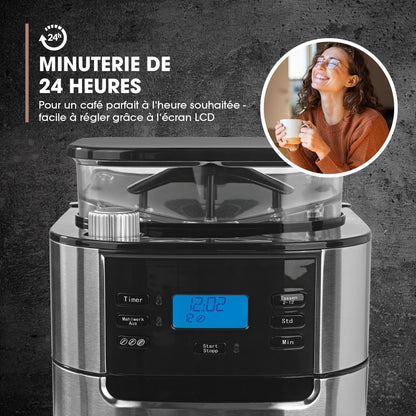 Barista Kaffee & Technik Cafetière Filtre avec verseuse erseuse en verre 1L pur 12 tasses de café, Machine a cafe grain avec broyeur et écran digital, Fonction de minuterie