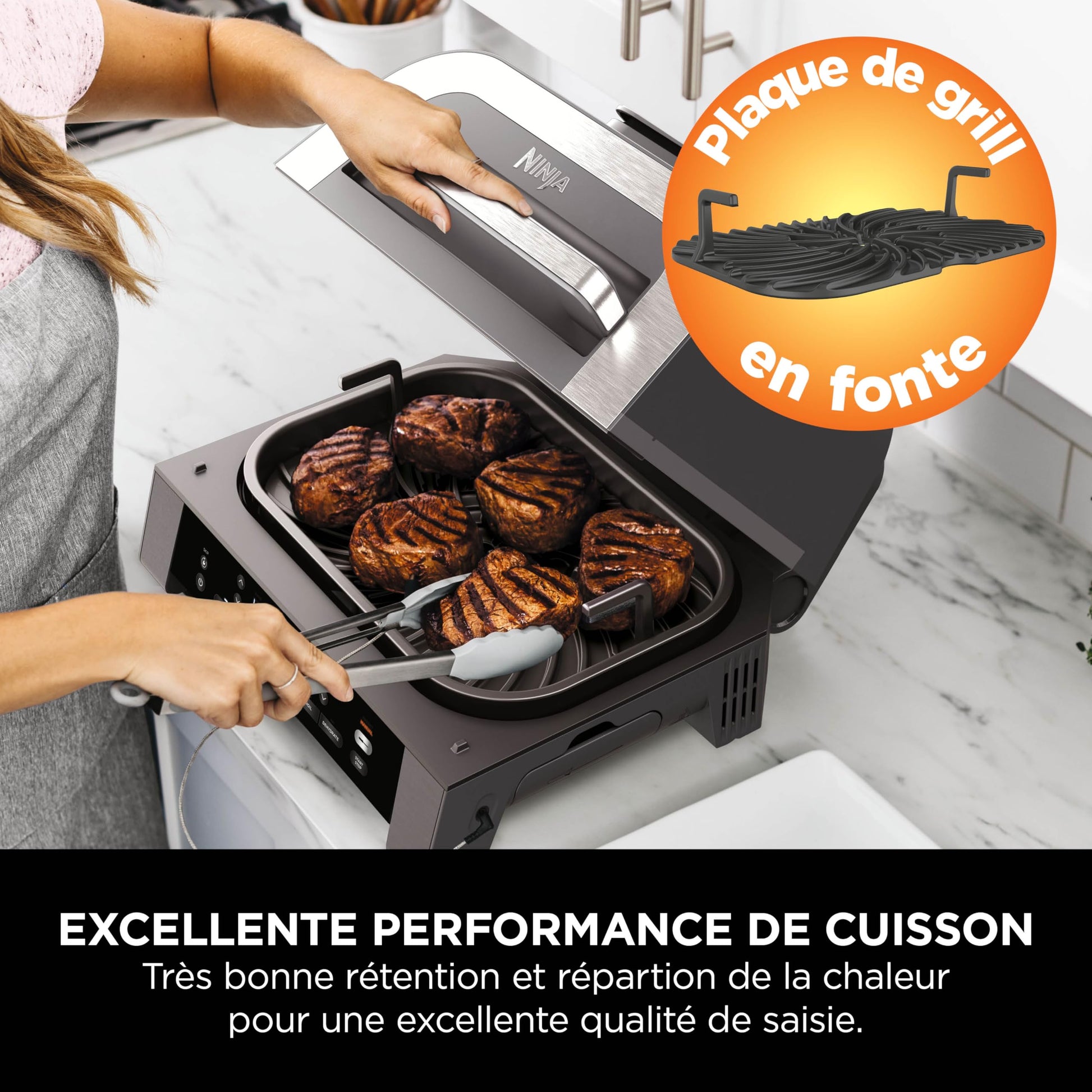 Ninja MAX 6-en-1 Grill d’intérieur et friteuse sans huile, 6 modes, cuit jusqu’à 6 hamburgers, capacité 3,8 l, faible dégagement de fumée, thermomètre à viande numérique inclus, Gris/Argent, DG551EU