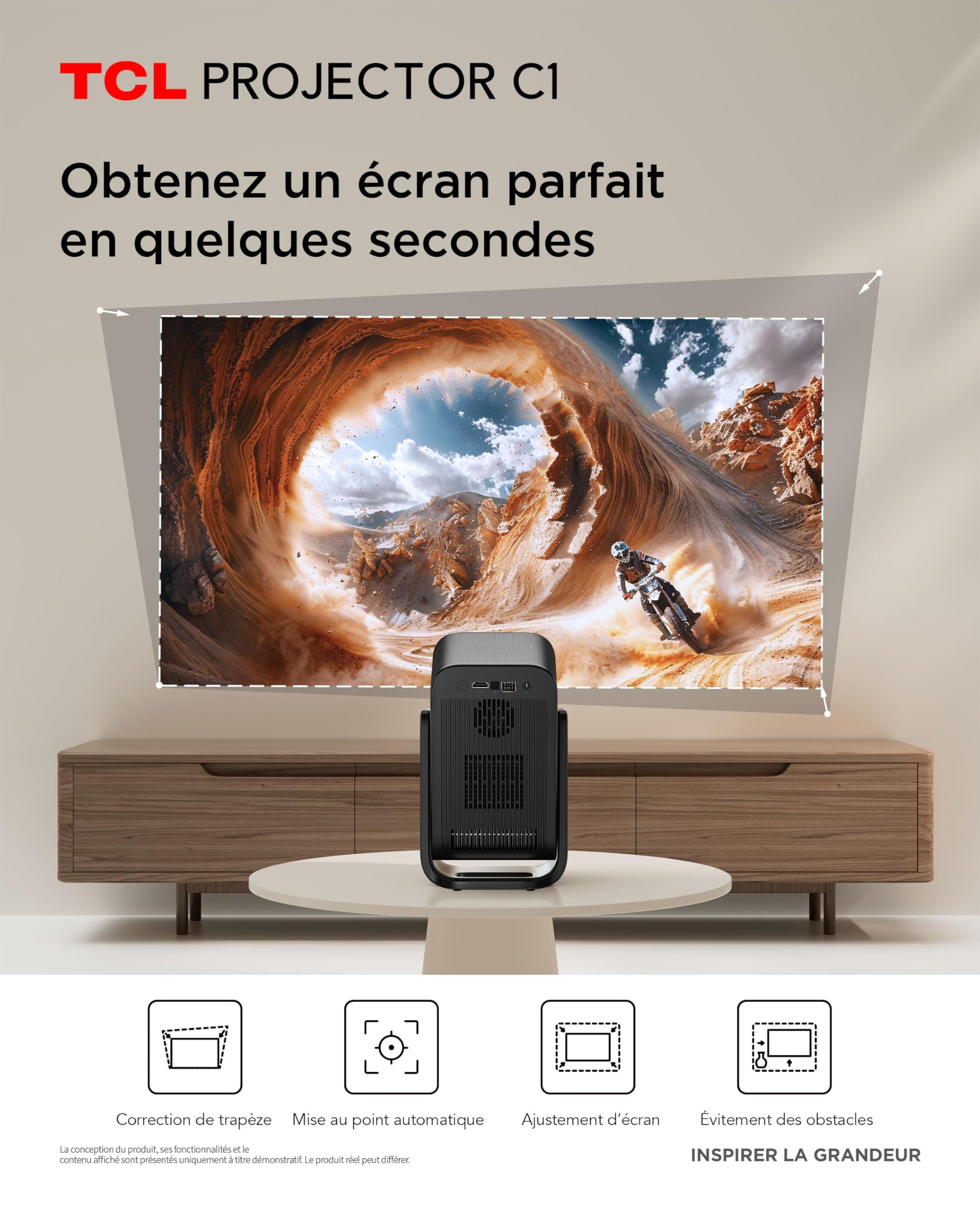 TCL C1 Videoprojecteur 4K Compatibilité, Natif 1080P, Audio Dolby 8 W, Netflix Certifié, Smart Google TV Intégré, Auto Focus/Keystone, Wi-FI Bluetooth, Pivotant à 285° Mini Projecteur Video Portable