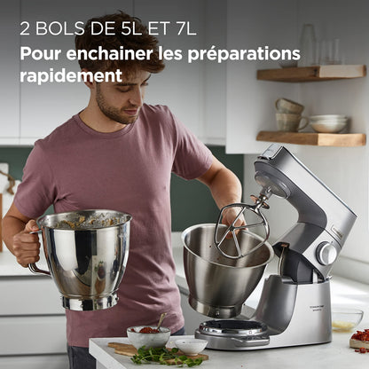 Kenwood Titanium Chef Baker XL, Robot Pâtissier avec Batteur K, Crochet Pétrisseur, Fouet et Bol de 7 Litres, KVL85.424SI, 1200W, Argent