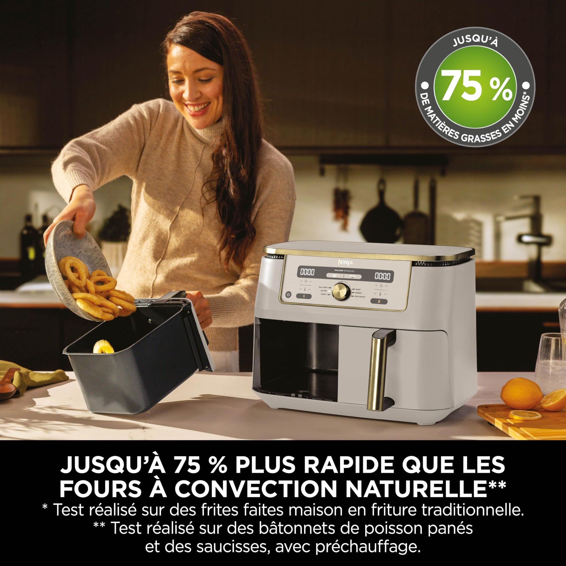 NINJA Dual Zone Max Air Fryer 2 Compartiments, Capacité Familiale de 9,5L, Max 240°C, Air Fryer 6-en1, Pièces Antiadésives Amovibles Lavables Au Lave-Vaisselle, Stone/Or DZ400EUSTGD
