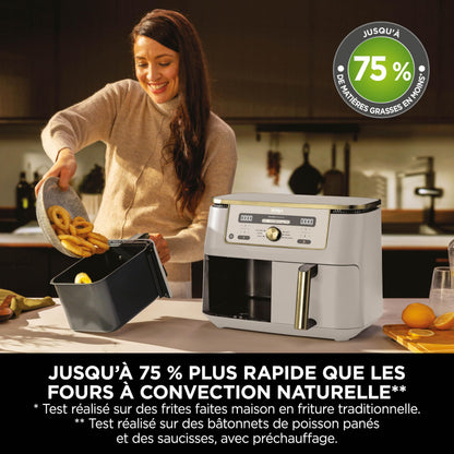 NINJA Dual Zone Max Air Fryer 2 Compartiments, Capacité Familiale de 9,5L, Max 240°C, Air Fryer 6-en1, Pièces Antiadésives Amovibles Lavables Au Lave-Vaisselle, Stone/Or DZ400EUSTGD
